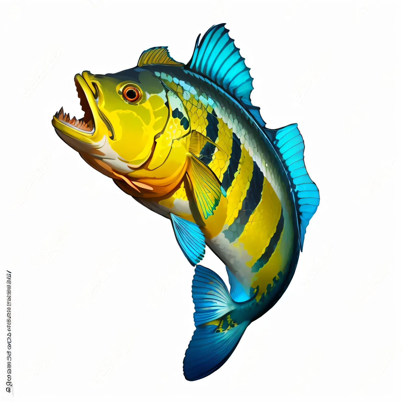 um close de um peixe com corpo amarelo e azul, hd illustration, High detail illustration, exotic fish, high quality illustration, big baixo fishing, sharp High detail illustration, Highly detailed illustration, peixe colorido, artistic illustration, ultra detailed illustration, Highly detailed illustration, baixo, photorealistic exotic print, realistic illustration, hypperrealistic illustration, Highly detailed illustration.”a fish with big mouth and sell tail is flying on white background, peixe Feliz , ( ( ( cores koi ) ) ), colorful digital illustration, por Greg Rutkowski, por Greg Rutkowski, estilo desenho cartoon, Tucunaré fish from the Amazon River.