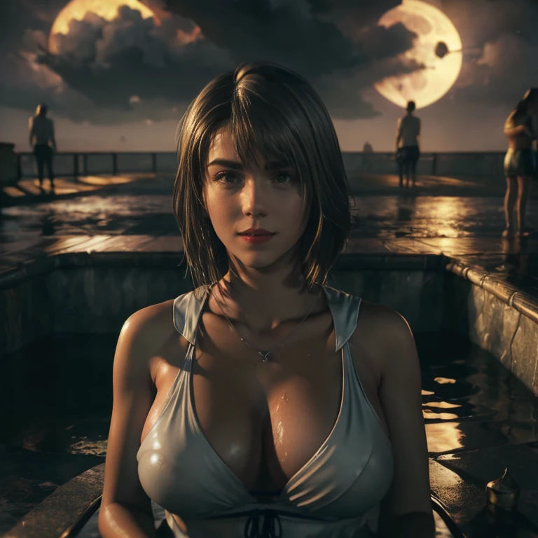 ((Big breasts: 1.3)), dark night, gloss, lips, beautiful morning, at golden hour, dark and stormy sky, studio lighting, detailed, realistic, 4k, perfect composition, beautiful, detailed, insanely detailed, octane render, wet skin, moonbeams, 8K, at pond