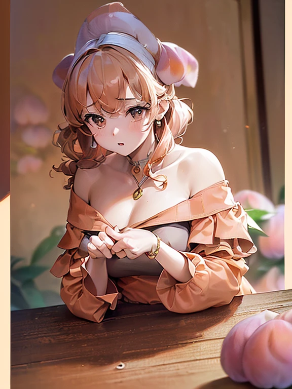 ((Finest quality)),(超A high resolution),(ultra-detailliert),(Meticulous portrayal),((best pictureinest works of art),Ultra-Precision Art,The art of astounding depiction, (One woman:1.5),(Peach-colored off-the-shoulder shirt:1.6),bra strap:1.3