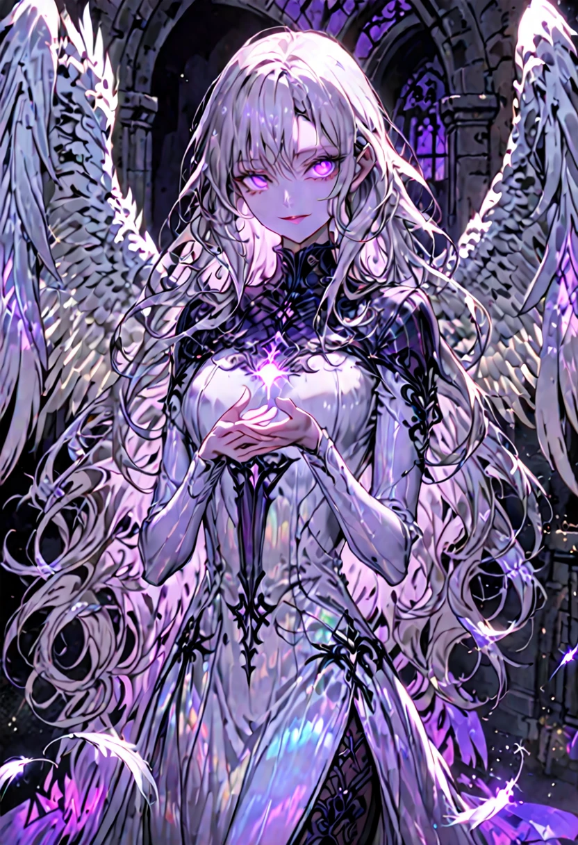 solo, female, sfw, medium shot, ethereal beauty, haunting mystery, celestial being known as a seraph, long hair, platinum blonde hair, wavy hair, shimmering hair, glowing hair, vibrant violet eyes, fair skin, almost translucent skin, elegant, graceful, slender build, commands respect and attention, large feathered wings, delicate wings, iridescent feathers, gentle smile, medieval, dark, divining magic