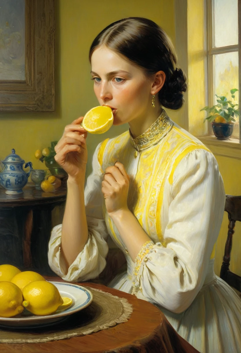 people Eating Lemon, Challenge, by Anna Ancher, best quality, masterpiece, very aesthetic, perfect composition, intricate details, ultra-detailed