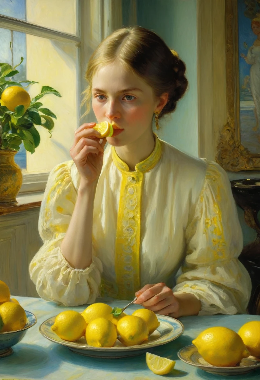 people Eating Lemon, Challenge, by Anna Ancher, best quality, masterpiece, very aesthetic, perfect composition, intricate details, ultra-detailed