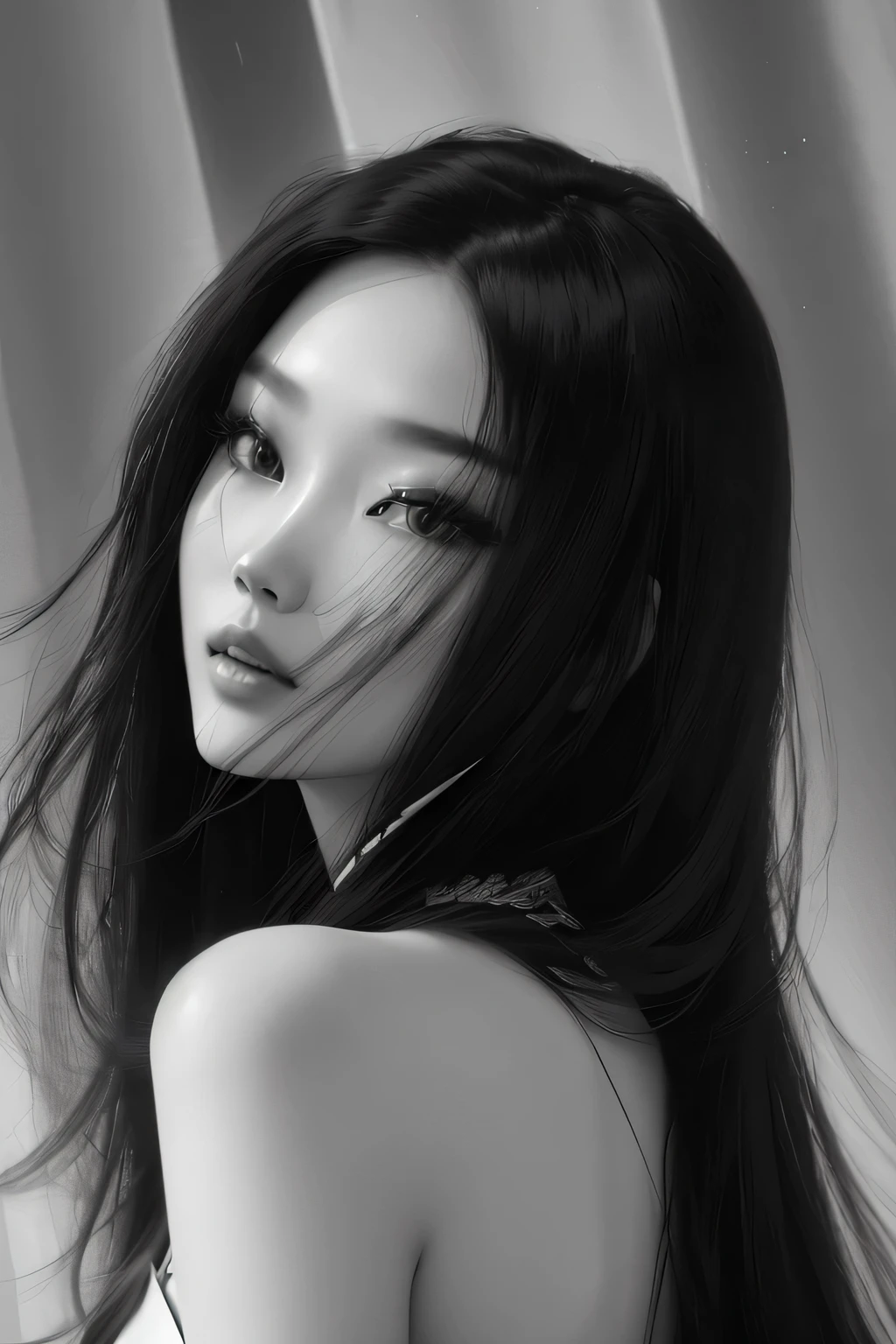 Araped woman with long black hair and white dress, beautiful young Korean woman, gorgeous young Korean woman, Jingna Zhang, beautiful south Korean woman, Jiyoon Chae, black and white portrait, black and white portrait, Asian girl with long hair, beautiful portrait photo, Korean woman, beautiful asian woman, Portraits of Korean female idols, Gemma Chan girl portrait
