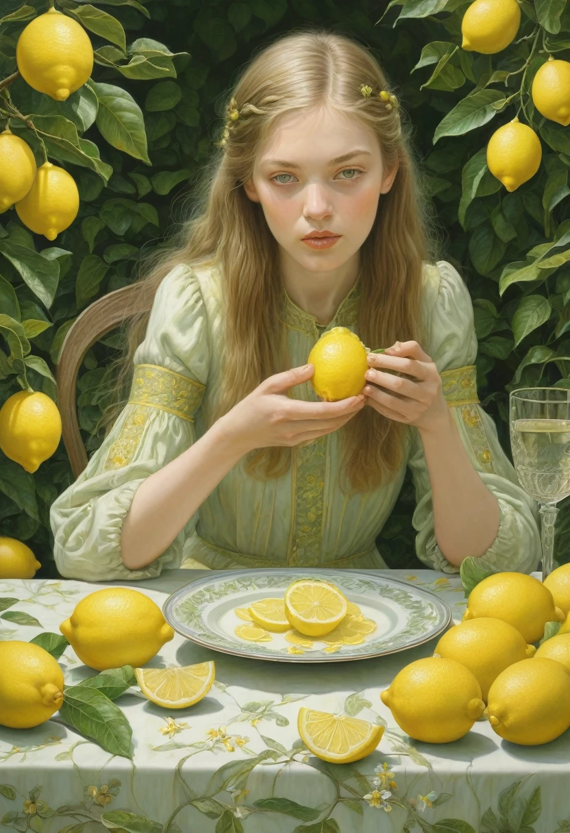 people Eating Lemon, Challenge, by Angela Barrett, best quality, masterpiece, very aesthetic, perfect composition, intricate details, ultra-detailed