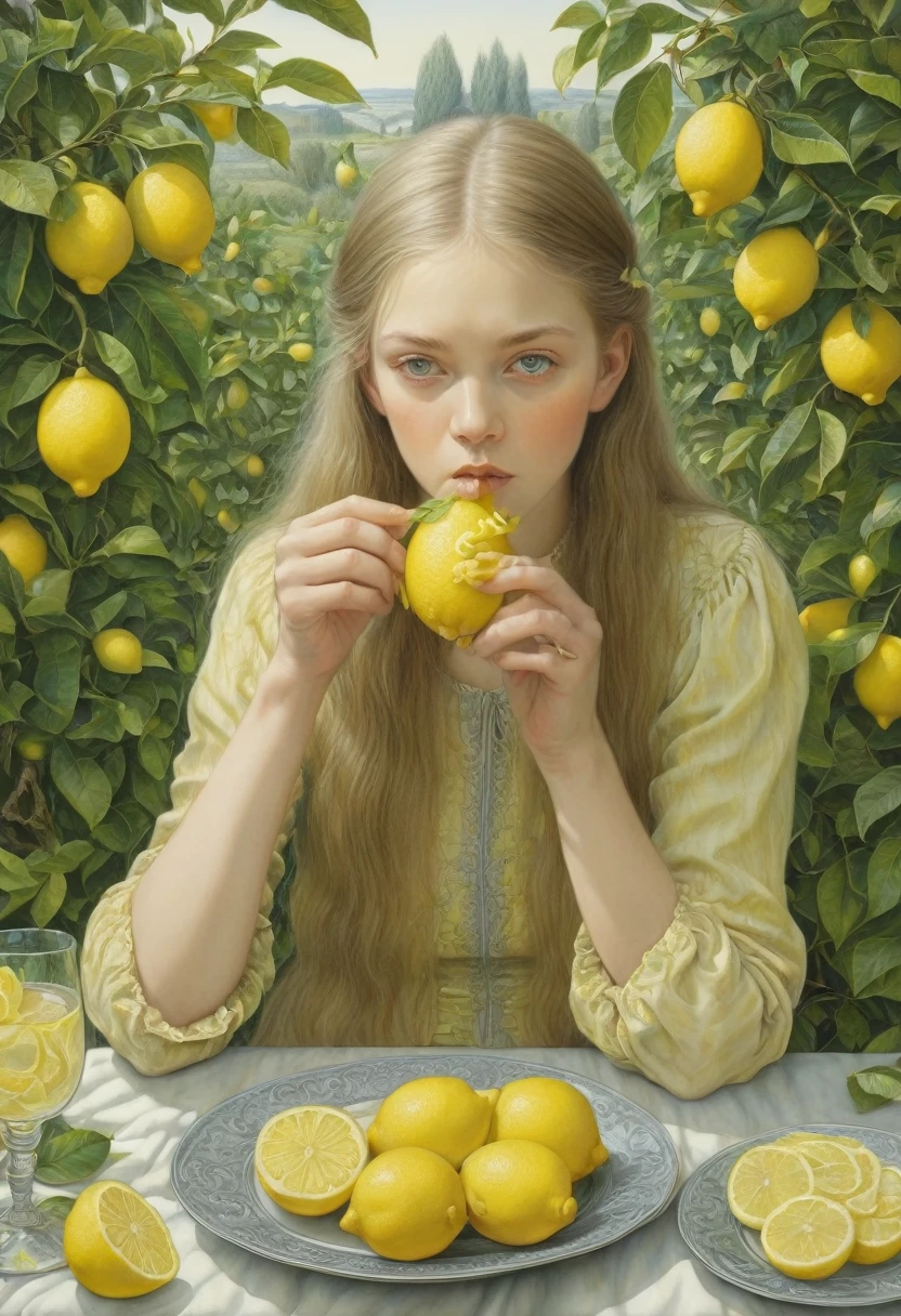people Eating Lemon, Challenge, by Angela Barrett, best quality, masterpiece, very aesthetic, perfect composition, intricate details, ultra-detailed