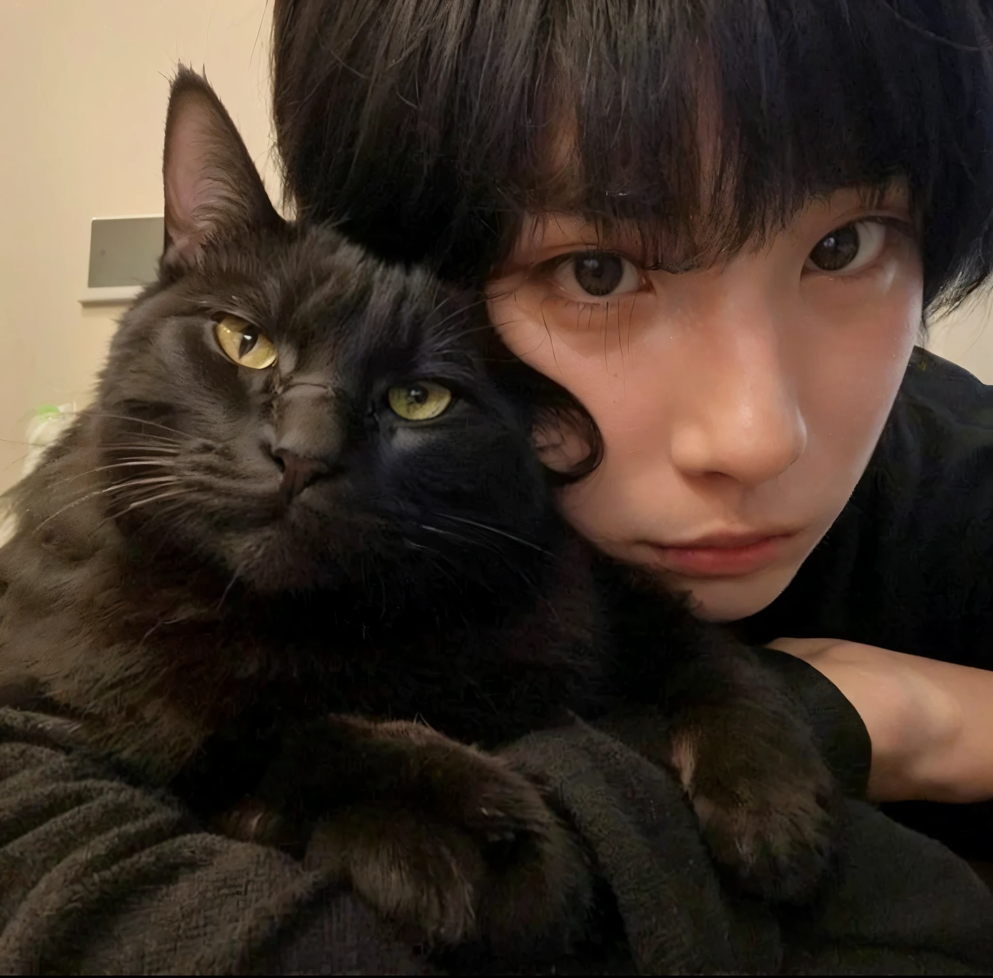 Hay una mujer sosteniendo un gato negro en sus brazos, kim doyoung, hsiao-ron, chica emo y su gato, nixeu y sakimichan, black cat taking a selfie, el dios oscuro de los gatos, handsome japanese demon boy, tiene una mirada penetrante, con negro, hay un gato a su lado, human cat hybrid, cute face, realista, perfecto