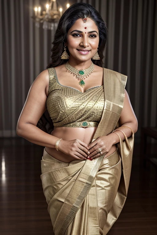 studio glamour photoshoot, (full body shot:1.0), photorealistic photo of a mature indian woman,plump body, beautiful face, big breasts, fair skin, fine lines and wrinkles, deep navel, wearing a traditional saree, looking at the camera, realistic, (masterpiece:1.1), (best quality:1.1), beautiful, (intricate details), unity 8k wallpaper, ultra detailed, aesthetic, perfect lighting,
