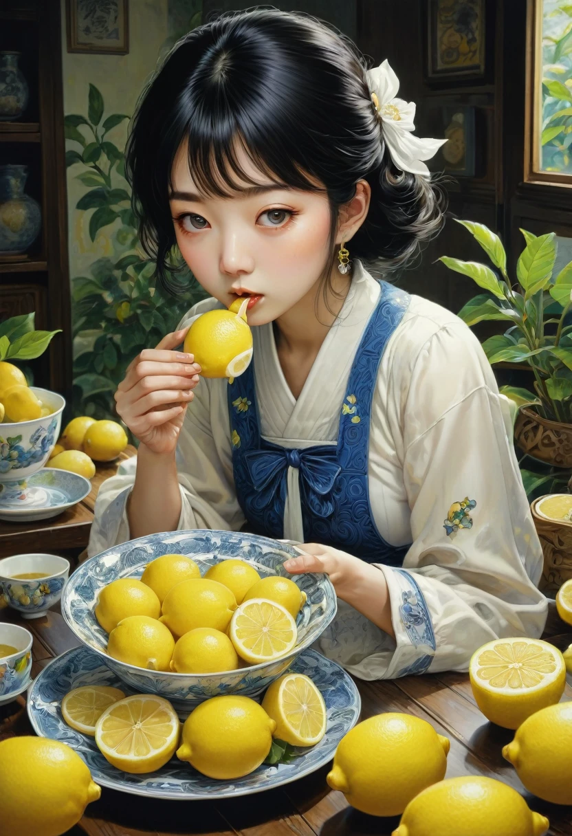 people Eating Lemon, Challenge, by Chiho Aoshima, best quality, masterpiece, very aesthetic, perfect composition, intricate details, ultra-detailed