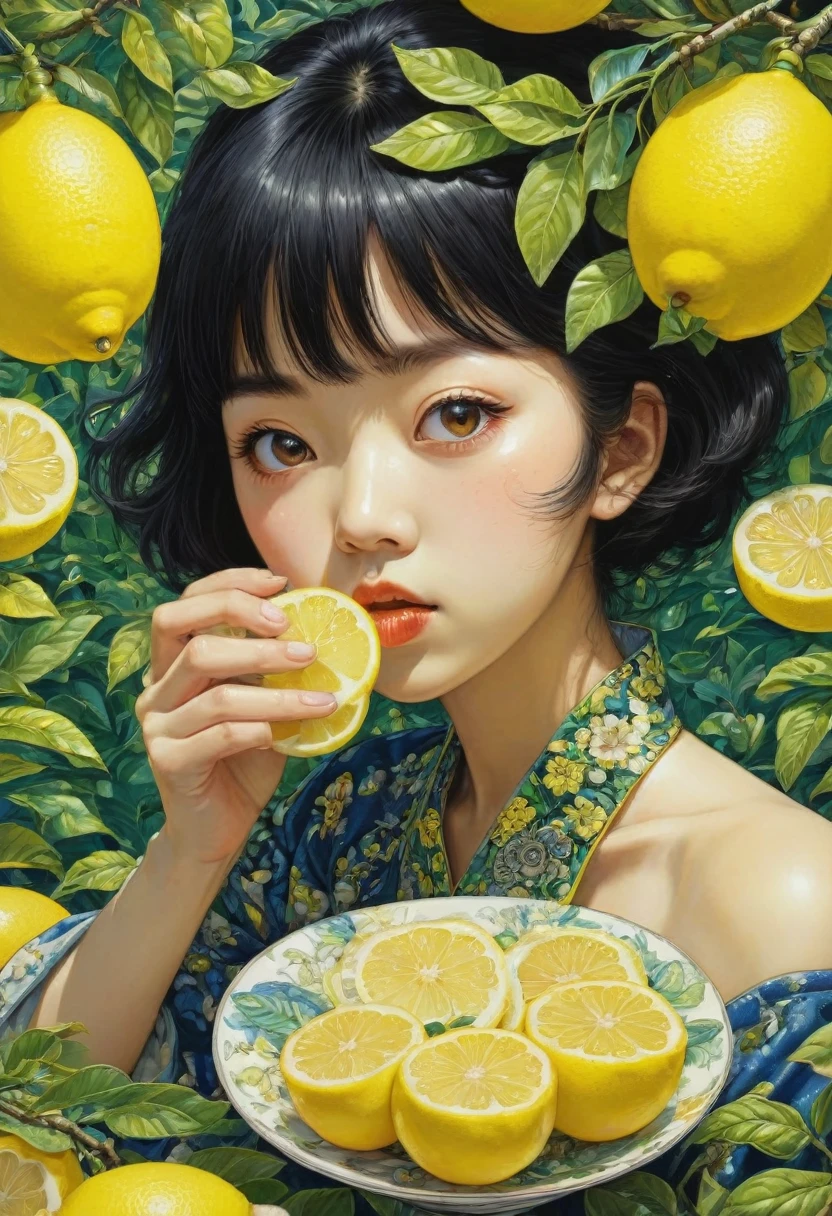 people Eating Lemon, Challenge, by Chiho Aoshima, best quality, masterpiece, very aesthetic, perfect composition, intricate details, ultra-detailed