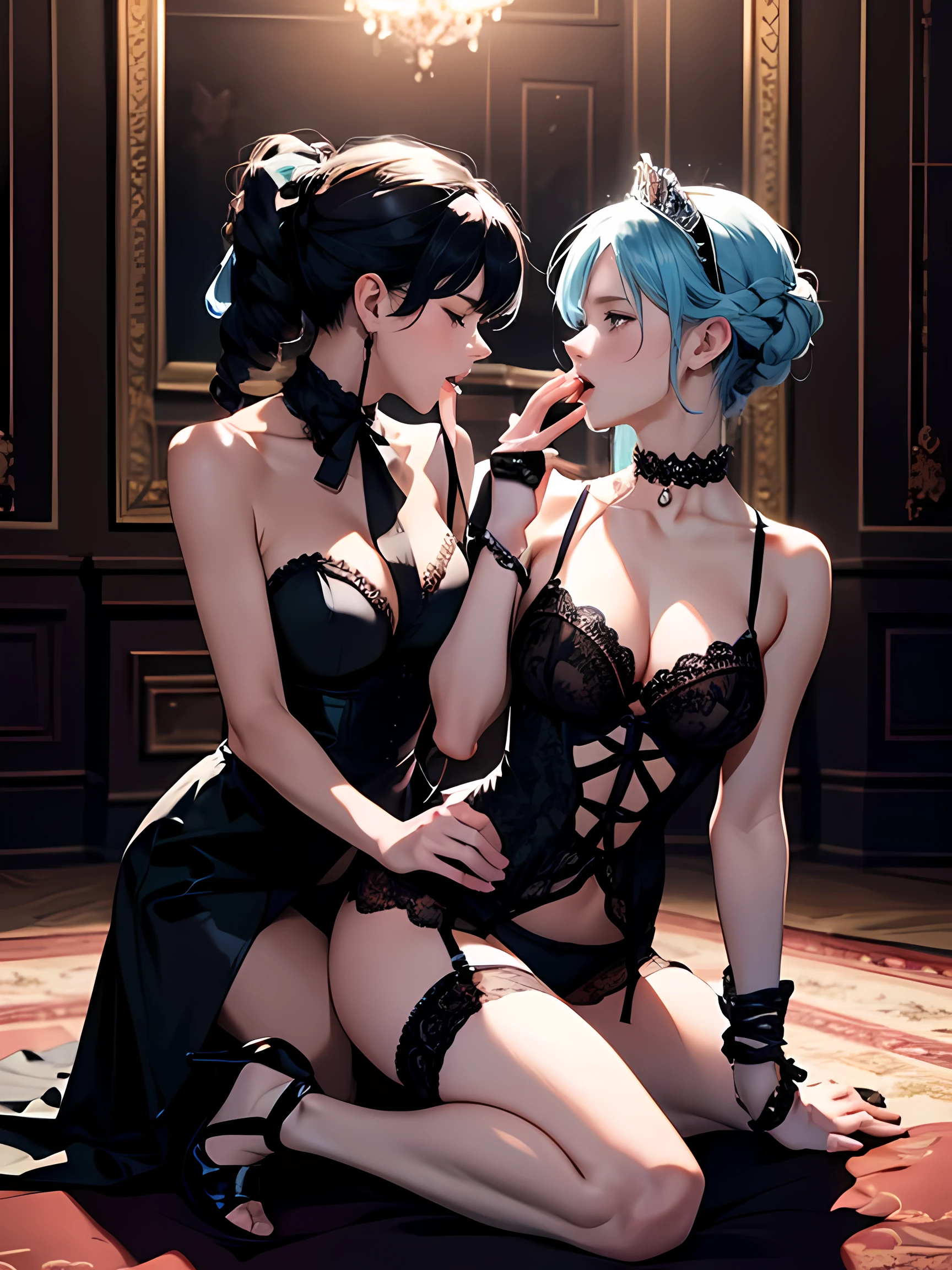 two slutty RoYal demons with ite bodies intertwining their bodies, Exchanging saliva, small breasts, tattoos and piercings. legs spread , eating , Pierced , garter straps. bondage. Tied up. Moaning. Masturbating. rainbow Hair. Chains. Handcuffs. licking. Tongue. Legs spread