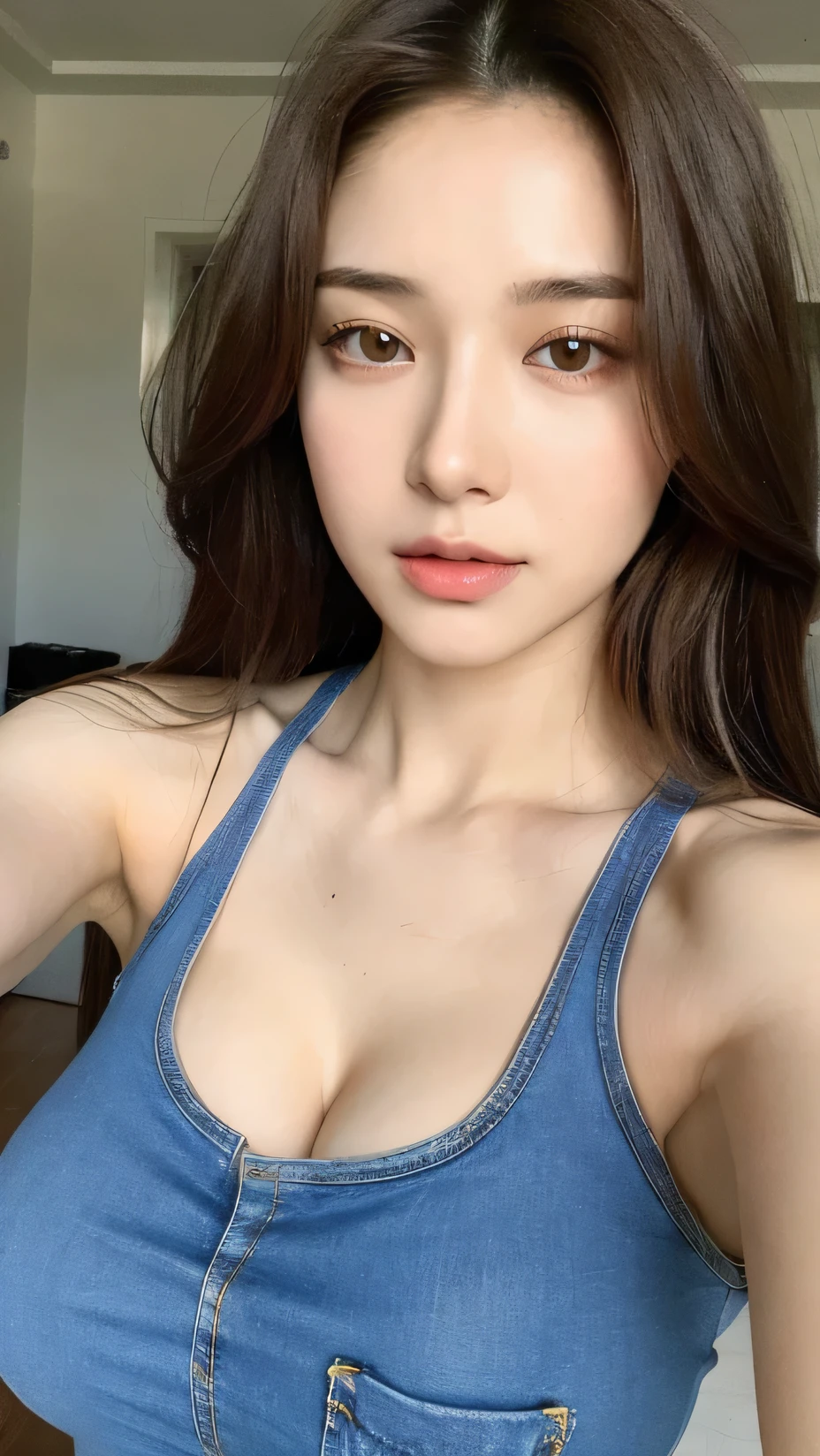 (lifelike, high - resolution:1.3), 1 girl with a perfect body, Super fine face and eyes,slong hair, Tank top of random colors:1.2, short jeans, big boob,Expose cleavage