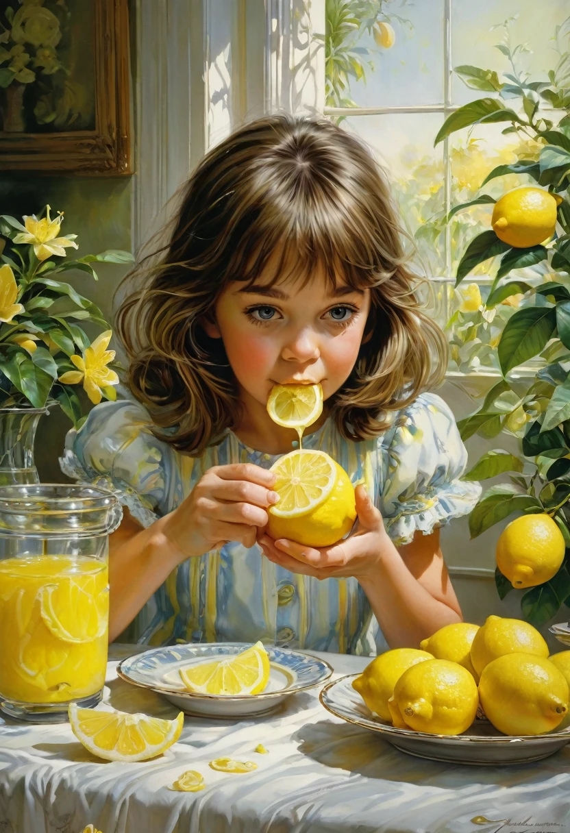 people Eating Lemon, Challenge, by Carolyn Blish, best quality, masterpiece, very aesthetic, perfect composition, intricate details, ultra-detailed