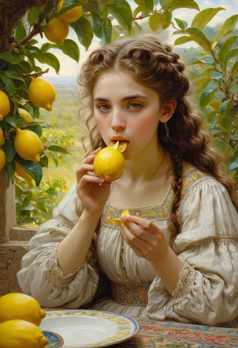 people Eating Lemon, Challenge, by Sophie Anderson, best quality, masterpiece, very aesthetic, perfect composition, intricate details, ultra-detailed