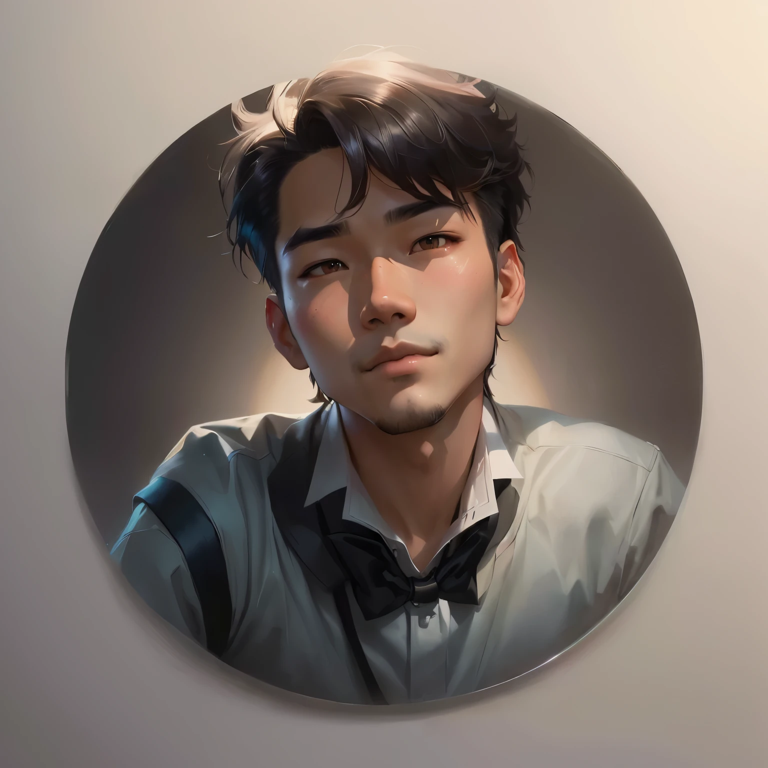 In the round mirror there is a man wearing a bow tie、Man in shirt, Artwork in the style of Guweiz, Portrait of Lofy, realistic art style, Ross trans style, Xin Haicheng. Digital Rendering, Rostland 8K, Kawaii realistic portrait, Xin Haicheng ( Apex Legends ), Realistic art style, High quality portrait, Loish 和 Ross Tran,juvenile,Business,Handsome young male