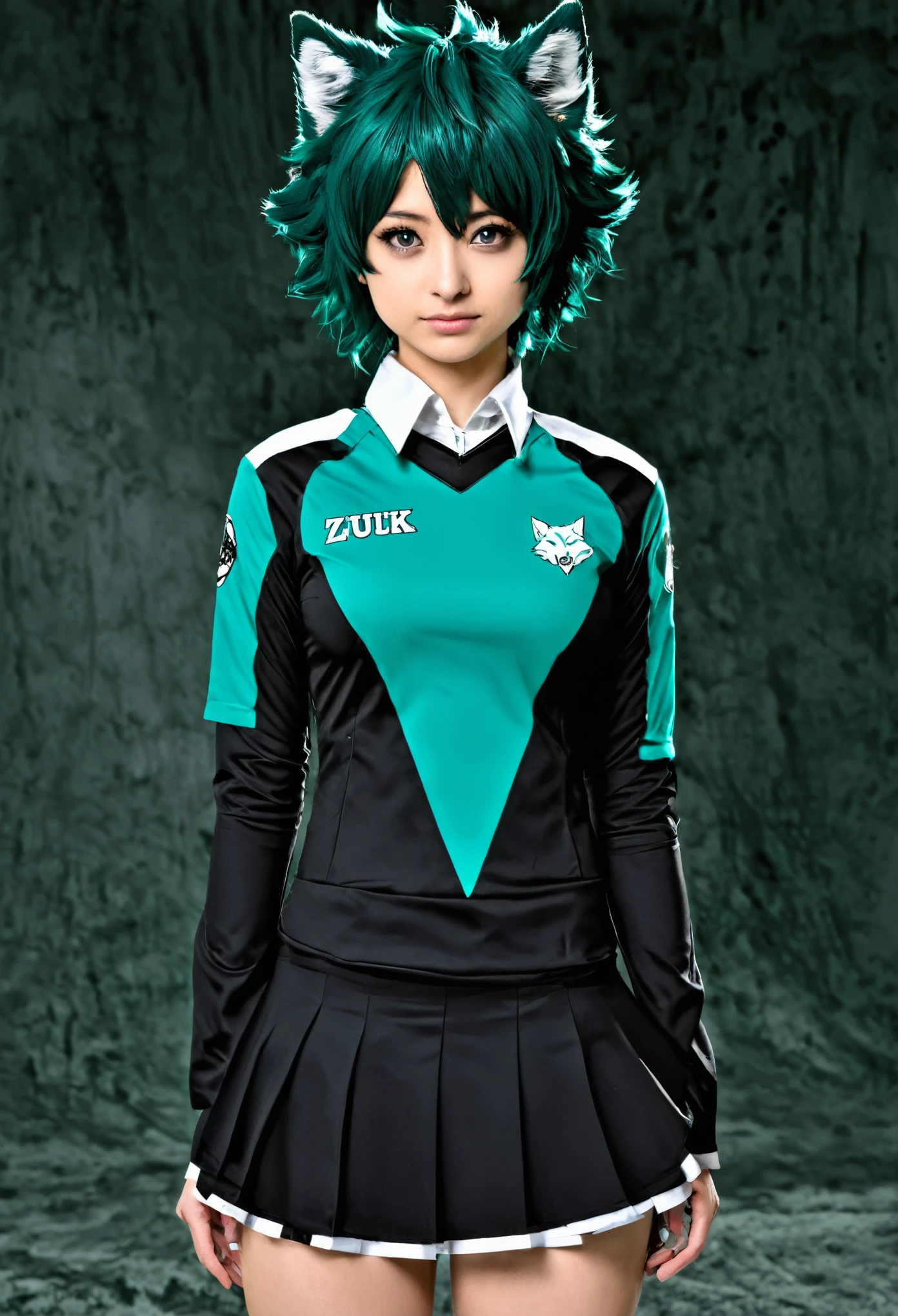 Gender:Mujer. Cabellos:Izuku Midoriya color negro y turquesa. Ojos:Bicolor turquesa y negro . Vestimenta:Uniforme de la UA .Don:Hybrid wolf. Rasgos:Cola y orejas de loba color turquesa y negro. Piel:Blanca