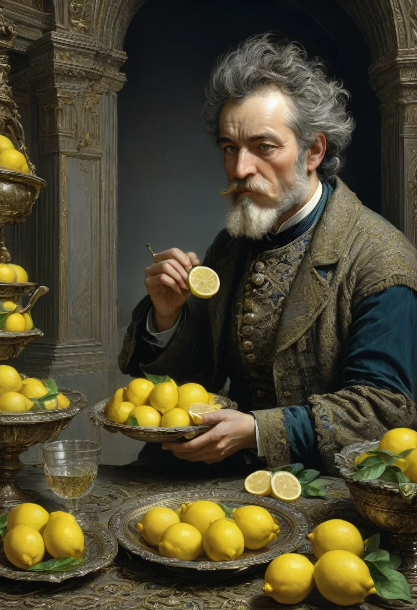 people Eating Lemon, Challenge, by Gustave Doré, best quality, masterpiece, very aesthetic, perfect composition, intricate details, ultra-detailed