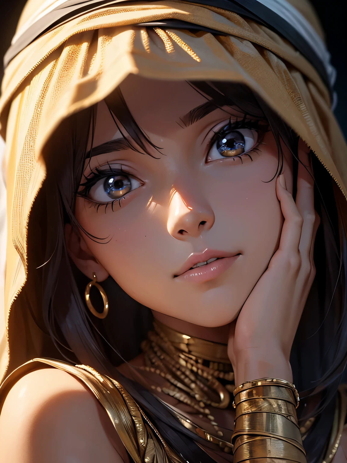 "(Melhor qualidade,high resolution),close-up of a mummy's face,covered in bandages with golden hieroglyphs,(detalhado:1.1),(cores vivas e intensas:1.1),(realista:1.1) graphic art style,Espantoso,eye sockets with shining golden eyes,detalhado wrinkles, olheiras sob os olhos."