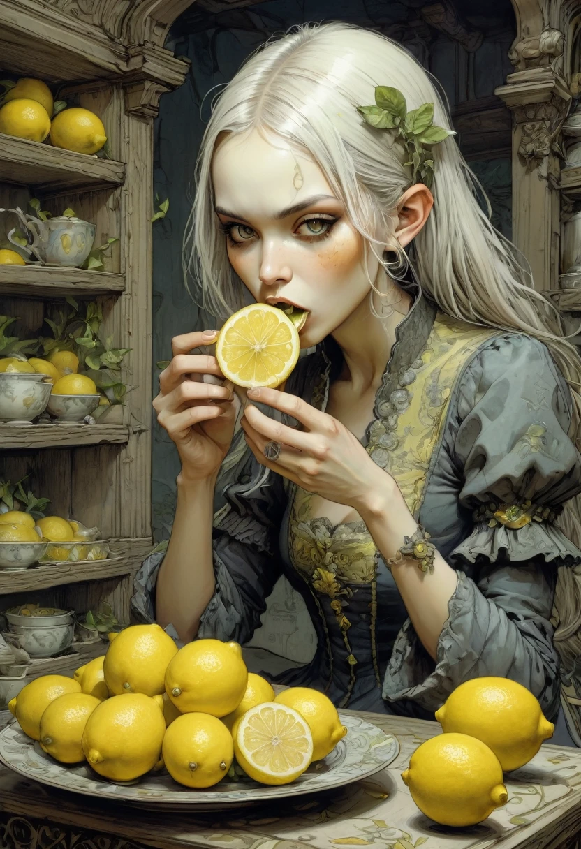 people Eating Lemon, Challenge, by Gris Grimly, best quality, masterpiece, very aesthetic, perfect composition, intricate details, ultra-detailed
