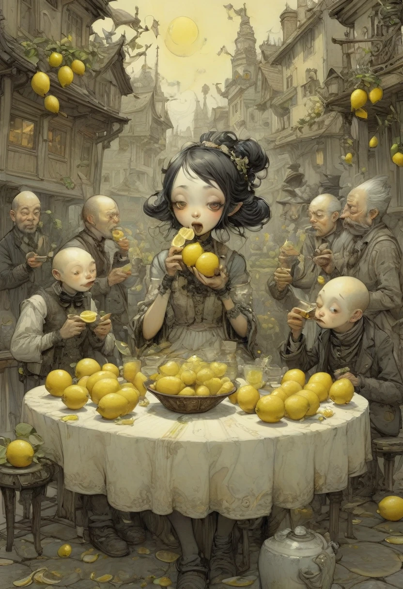 people Eating Lemon, Challenge, by Gris Grimly, best quality, masterpiece, very aesthetic, perfect composition, intricate details, ultra-detailed