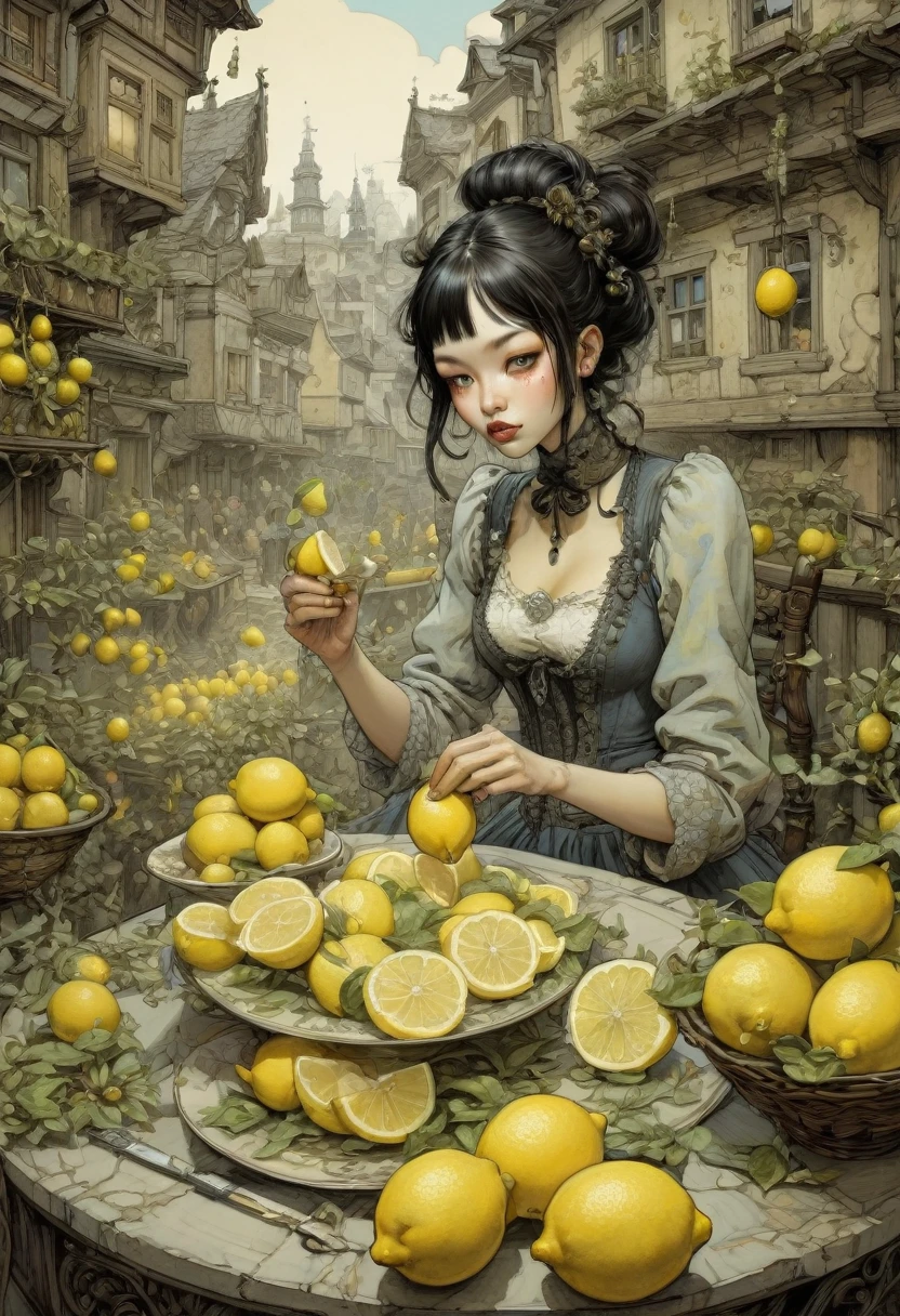 people Eating Lemon, Challenge, by Gris Grimly, best quality, masterpiece, very aesthetic, perfect composition, intricate details, ultra-detailed
