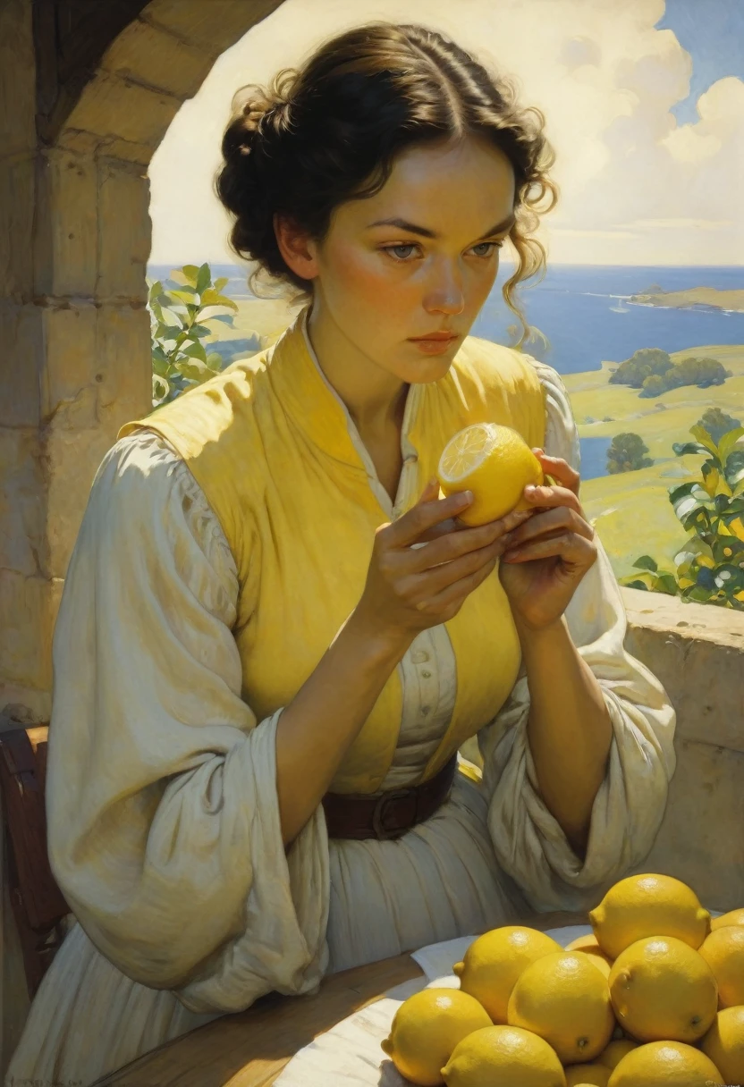 people Eating Lemon, Challenge, by N.C. Wyeth, best quality, masterpiece, very aesthetic, perfect composition, intricate details, ultra-detailed