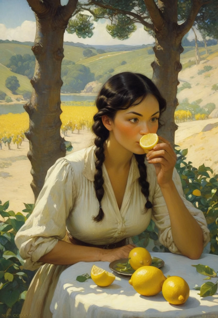 people Eating Lemon, Challenge, by N.C. Wyeth, best quality, masterpiece, very aesthetic, perfect composition, intricate details, ultra-detailed