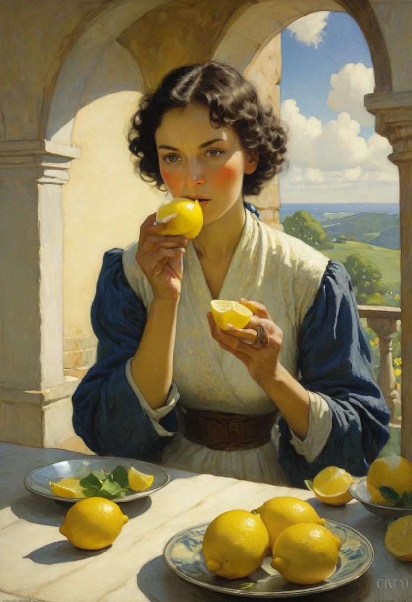 people Eating Lemon, Challenge, by N.C. Wyeth, best quality, masterpiece, very aesthetic, perfect composition, intricate details, ultra-detailed
