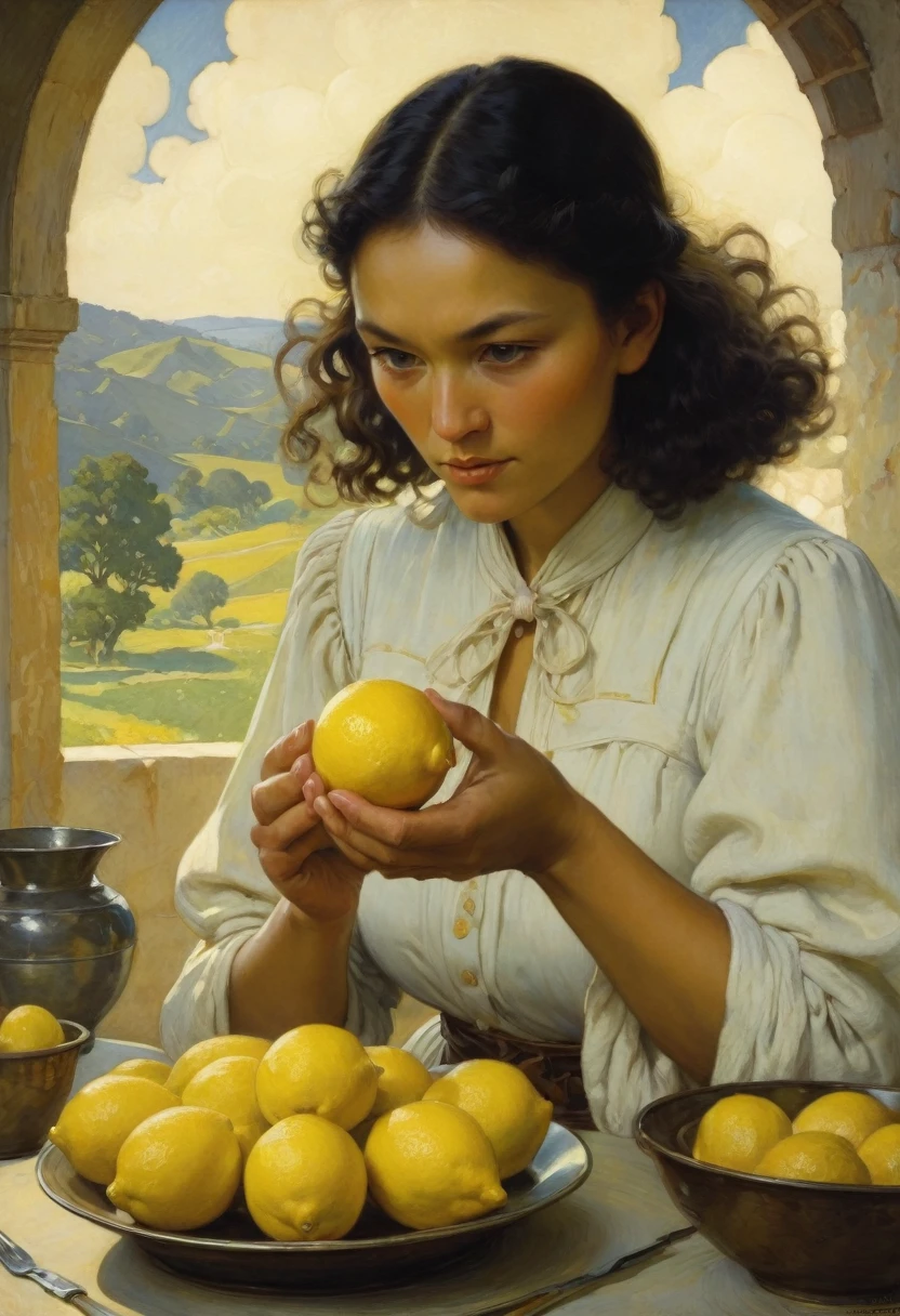 people Eating Lemon, Challenge, by N.C. Wyeth, best quality, masterpiece, very aesthetic, perfect composition, intricate details, ultra-detailed
