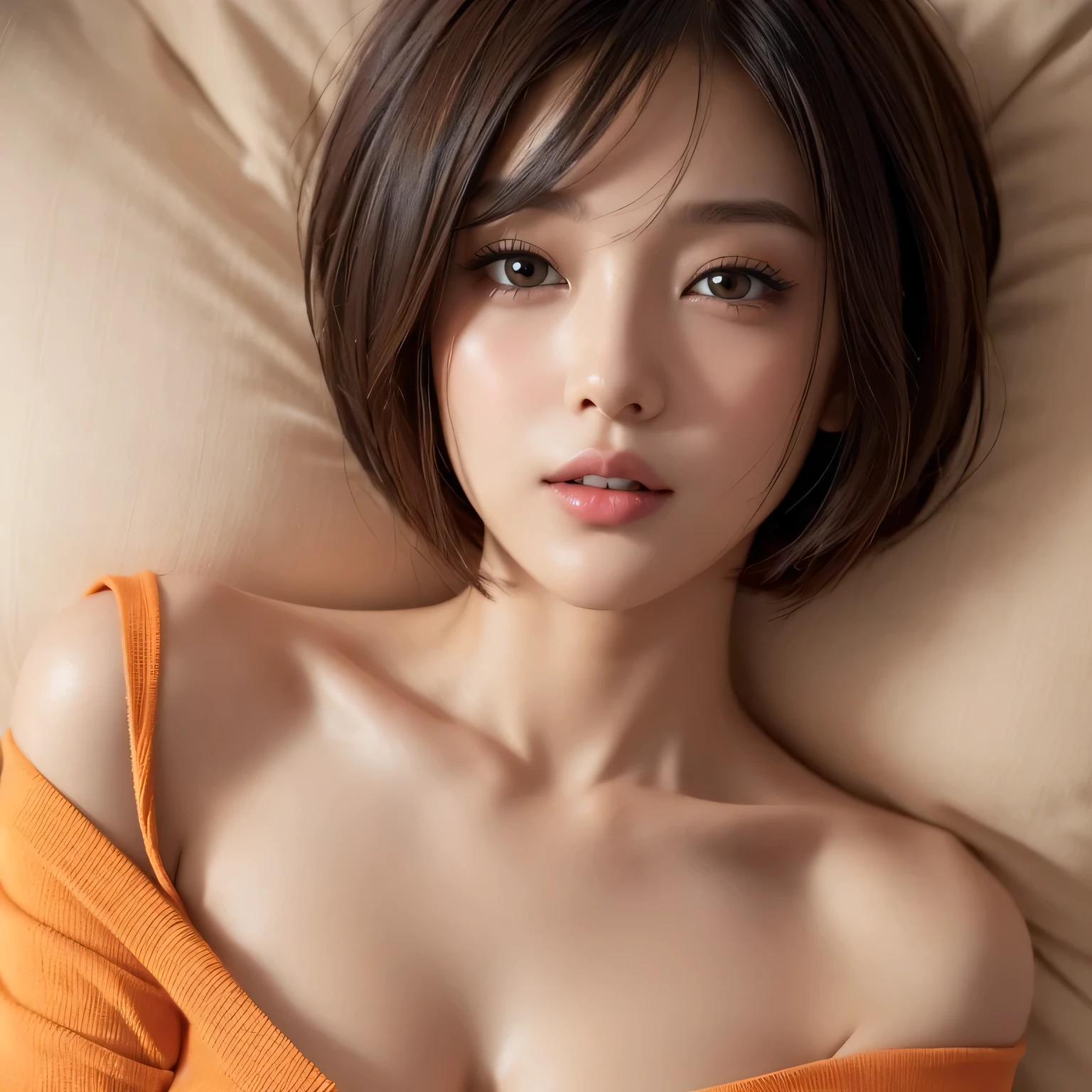 Sexy and cute girl, short bob hairstyle, seductive gaze, blushing intensely, parted lips, desperate, flustered, lustful, off shoulder orange t shirt, bare shoulder, lying on bed