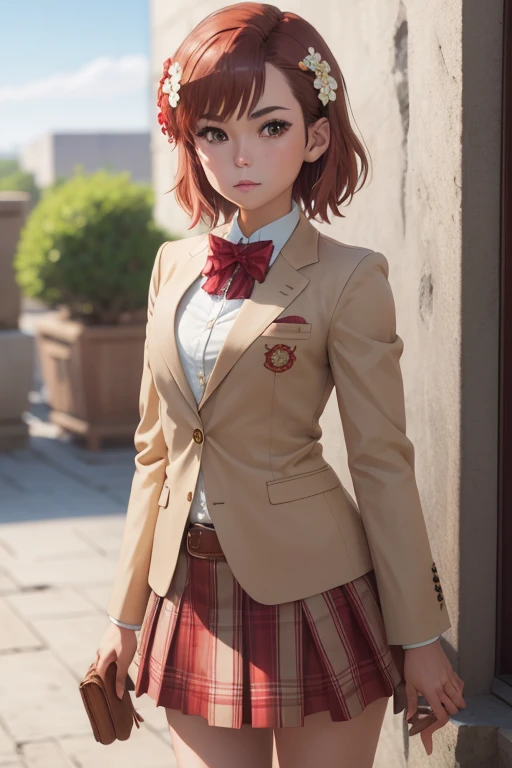 masterpiece, best quality, highres, aamikoto, short hair, hair flower, red bowtie, blazer, brown jacket, long sleeves, plaid skirt, standing, cowboy shot, outdoors