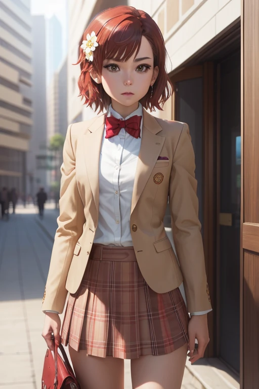 masterpiece, best quality, highres, aamikoto, short hair, hair flower, red bowtie, blazer, brown jacket, long sleeves, plaid skirt, standing, cowboy shot, outdoors