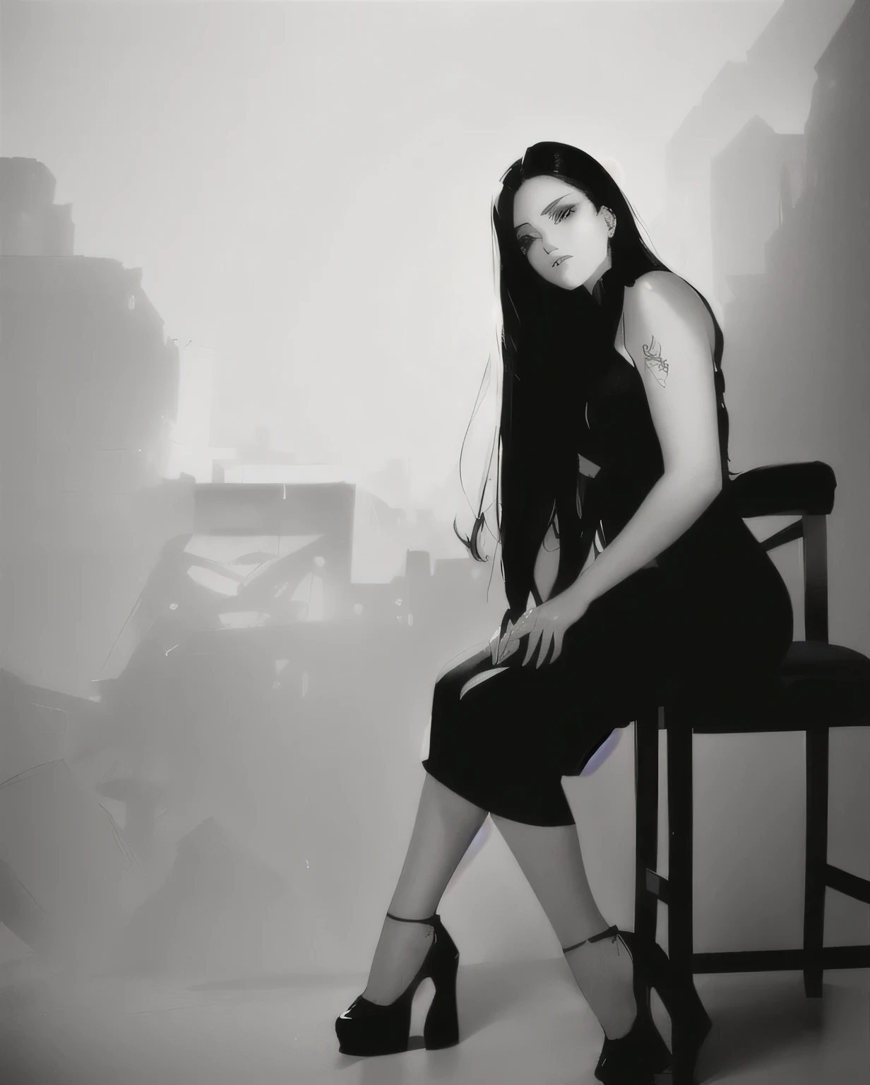 Woman, sitting on a chair in a black dress, Photoshoot portrait, In black and white, Studio photo shoot, posing in dramatic lighting, High-quality portrait photo shoot, model shooting, studio portrait, Solo photo shoot, full length photo shoot, Black and white picture, photo from promo shoot, filmed in a photo studio, Advertising photo shoot, model photography, High-contrast studio lighting