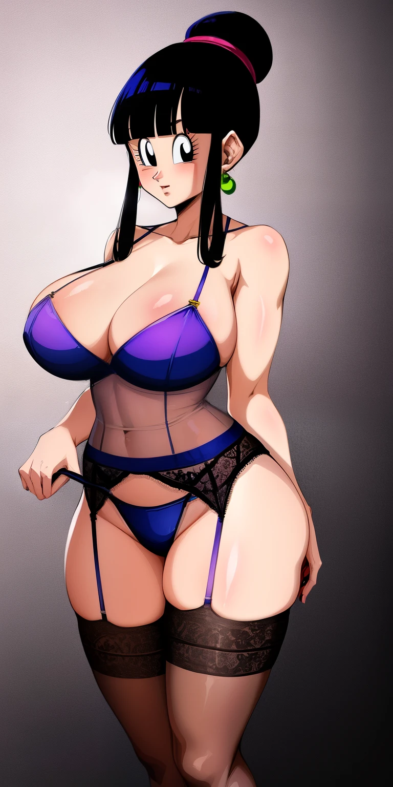 Chichi face , Chichi- Dragon Ball Z, Perfect face, Super detailed face, super detailed body, seductive body, breasts_dbz, standing, alone, Big_breasts, masterpiece, best quality, detailed face, detailed eyes, high resolution, Lingerie, wedding dress lingerie, wedding dress lingerie , lingerie with long stockings, lingerie with garters 