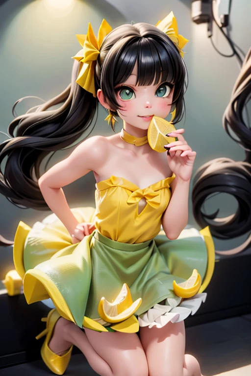 a cute girl ((eating lemon)), ((lemon eating)), (green) eyes, (green, eyeshadow makeup), red lips, (black hair), very large hair, fashion runway hairstyle, lemon hairbow, lemon earrings, earrings with the shape of lemon, green choke, (green) strapless crop shirt, (puffy) skirt, white nylons, (green) pumps, ((pumps)), dramatic floating pose, lemon kingdom at night, night scene.