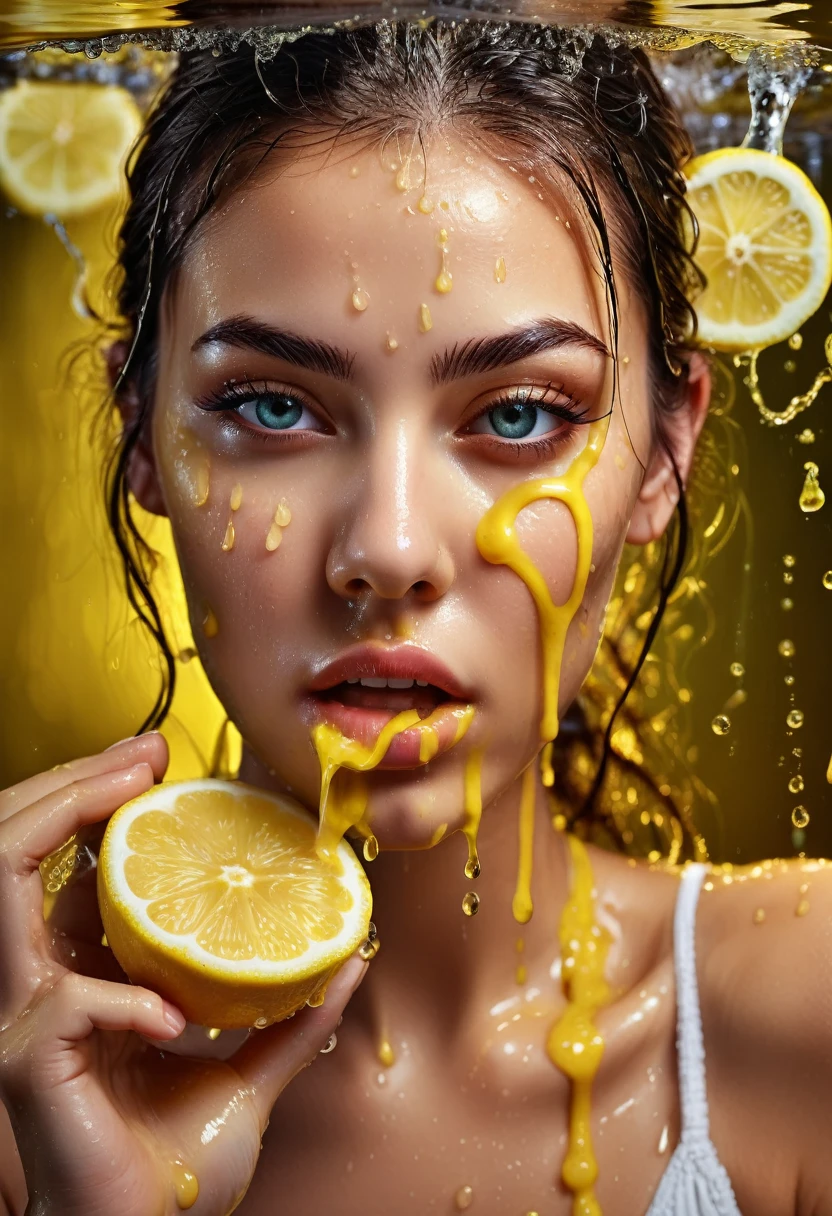 lemon eating challenge, realistic, photorealistic, 1girl, beautiful detailed eyes, beautiful detailed lips, extremely detailed face and features, long eyelashes, closeup, looking at camera, holding lemon, lemon in mouth, dripping lemon juice, wet skin, water splashes, detailed facial expression, dynamic pose, natural lighting, vibrant colors, cinematic, award winning photograph, SFW