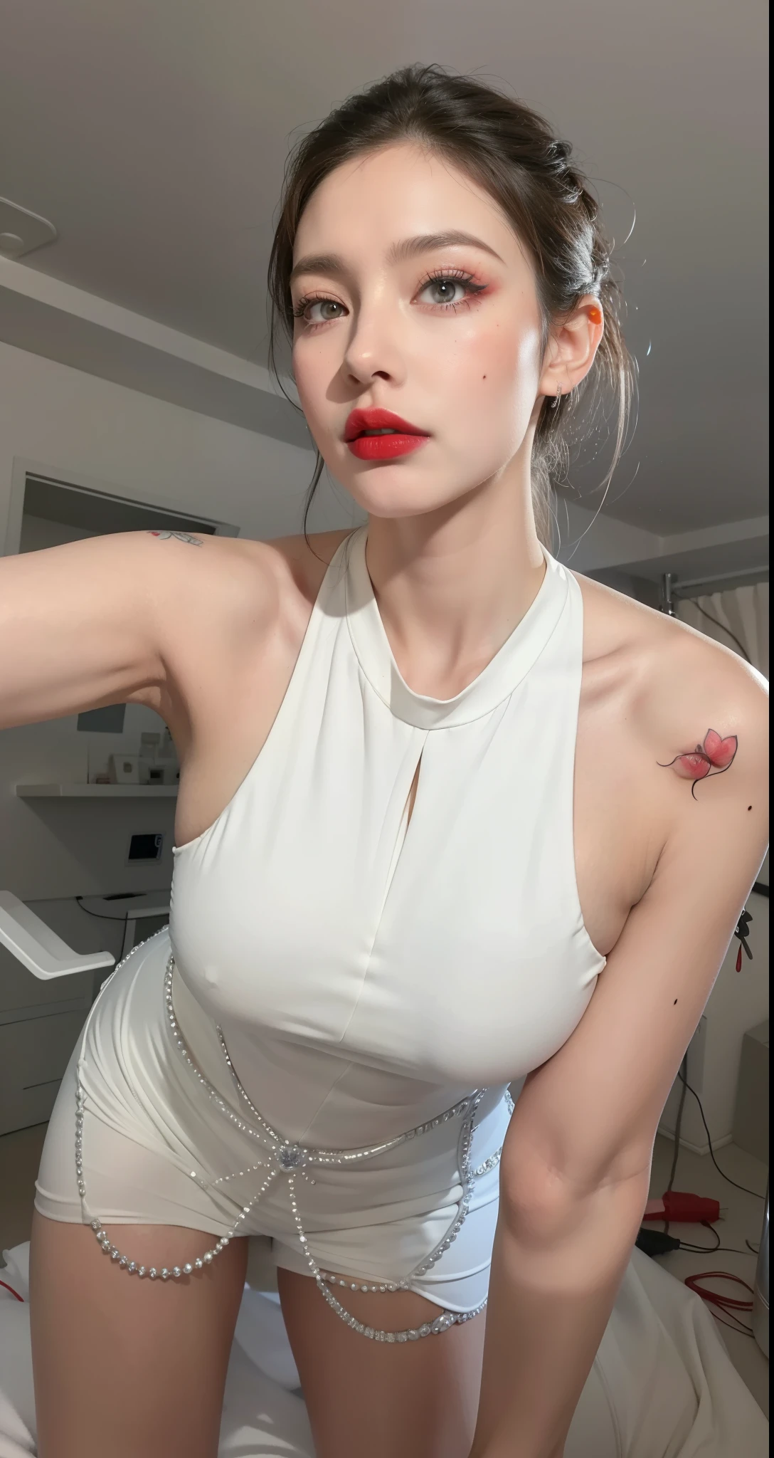 Royal princess,Super detailed, Delicate face, Stock Photography , Portrait 400, F1 Camera Lens.6, Colorful, Surrealism, Realistic textures, Dramatic Lighting, Thin Film Distiller 800 (8K, original photo, Better quality, masterpiece: 1.2), Super detailed, (Extremely delicate skin: 1.2), 8K Ultra HD, SLR camera, Soft Light, high quality.Fire Queen,Blue pupils,Apply red lipstick,Have a tattoo,The tattoo is very three-dimensional,Gorgeous and intricate tattoo designs,8K Mugshot,Large Breasts,Dark eyeshadow,Sexy thick lips(Red lipstick),Ice Princess,The facial features are very three-dimensional,