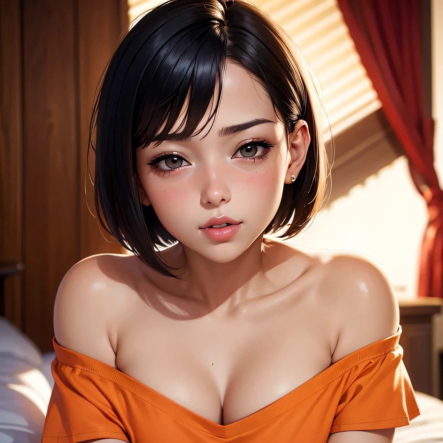 Amazing portrait of a sexy and cute girl with a short bob hairstyle and a seductive gaze who is blushing intensely with parted lips and is desperate and flustered and lustful wearing an off shoulder orange t shirt showcasing her bare shoulder while lying on bed