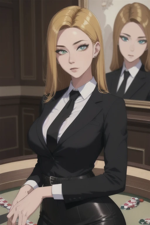 (masterpiece, highres, best quality:1.2), 8K, highly detailed, intricate, colorful, vibrant image, sharp focus, cinematic)  blonde hair, long hair, green eyes, body builder (Wearing black business outfit, black_collared shirt cropped jacket ,tie,necktie,black frilled skirt, garter straps, leather waist belt) (big perfect round breasts,hourglass body, thin waist,very thin waist, Photo realistic,(hyperrealistic:1)beautiful, masterpiece, best quality, extremely detailed face,perfect face,beautiful face, perfect lighting,detailed eye makeup, detail face, nice detailed eyes,nice hands, perfect hands,glowing eyes (realistic pupils,realistic iris:1) heavy eye makeup,(empty Casino)(Posing dynamically)