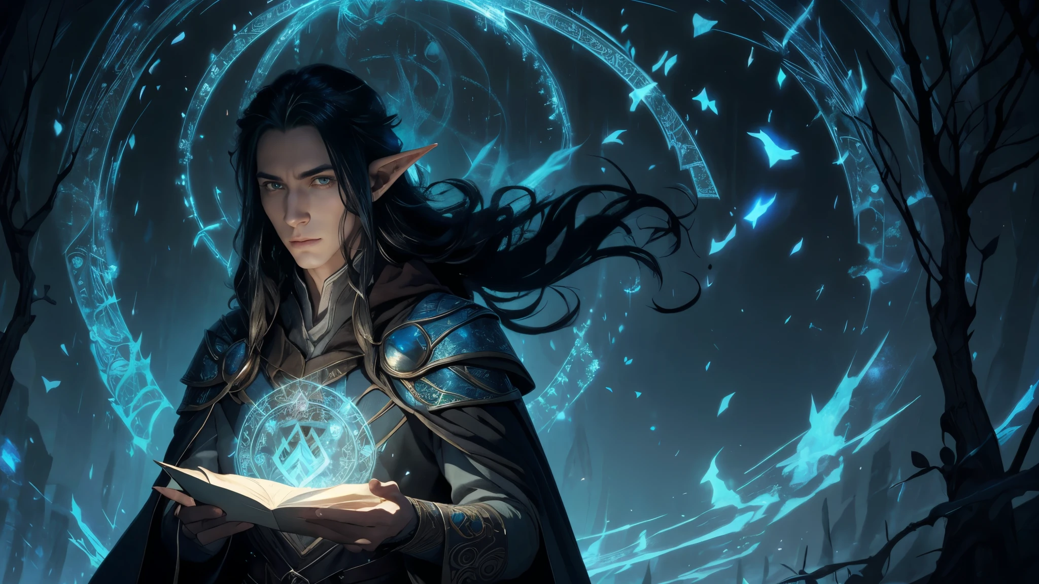 arafed male elf with long black hair and a blue cape, portrait of fin wildcloak, and intricate runes etched on circle of magic ghostly shimmering, This breathtaking portrait, showcases every intricate detail in stunning clarity. The warlock's robes shimmer with iridescent threads, casting a spellbinding glow that seems to radiate off the canvas. a portrait of a male elf, portrait of a slender elven man, beautiful male elf, a male elf, male half-elf, charlie bowater character art, elven male, young half elf wizard, inspired in kris from deltarrune