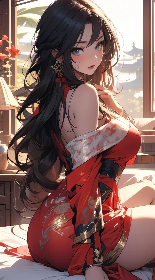 masterpiece,8k,high quality,full body:1.7,clean blue eyes,open red mouth,red tiek,Very calm and gentle expression,many sparking picture,,silky white wet skin,open mouth,biggest large brest,tight west,very sparking pink clothes,a woman in a pink sparking chinese dress sitting on a bed,Sheer off-the-shoulder peach lace chinese princess tulle dress,an anime drawing, by Yang J, fantasy art,red bra, render of a cute 3d anime chinese girl, artgerm and william bouguereau,long wavy shyny black pink hair,nightcore, beautiful detailed body and face, beautiful avatar pictures, high quality detailed anime,chinese sexy lady,wide angle landscape view:1.6,chinese gorgeous bedroom,