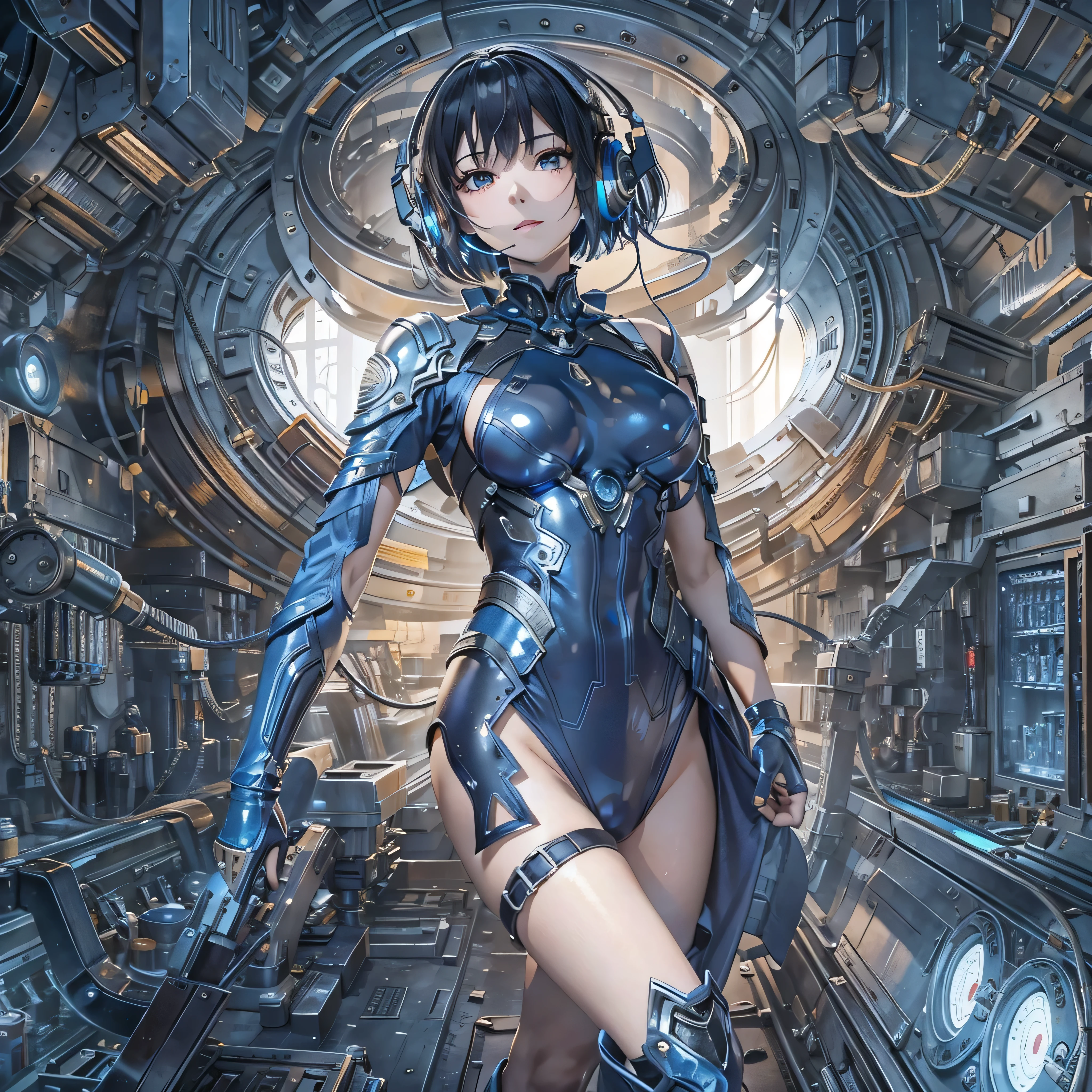 (masterpiece、highest quality、Highest Resolution、Clear_image、Detailed details、Angle from above): (Whole body、One 20 year old girl、Japanese Faces、Small Face、Slender、Navy blue super short bob cut hair、(Hidden small breasts:1.3)、Sparkling blue eyes、Shiny pilot suit in blue and black colors、Chest protection armor、Tight fitting clothes、Clothing that covers the whole body、Glamorous clothes、Tight Fit Pants、Hide your skin、Very delicate and beautiful、Detailed Skin、hide thighs、Hide your ass、Cute、A gentle smile、Soft expression、heroine、headset、Knee-high boots、Elbow-length gloves、Eye Level Shot、Face directly、Woman on a spaceship)