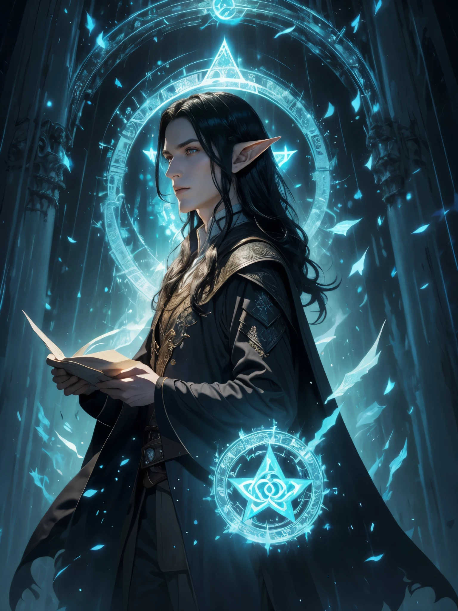 arafed male elf with long black hair and a blue cape, portrait of fin wildcloak, and intricate runes etched on circle of magic ghostly shimmering, This breathtaking portrait, showcases every intricate detail in stunning clarity. The warlock's robes shimmer with iridescent threads, casting a spellbinding glow that seems to radiate off the canvas. a portrait of a male elf, portrait of a slender elven man, beautiful male elf, a male elf, male half-elf, charlie bowater character art, elven male, young half elf wizard, inspired in kris from deltarrune