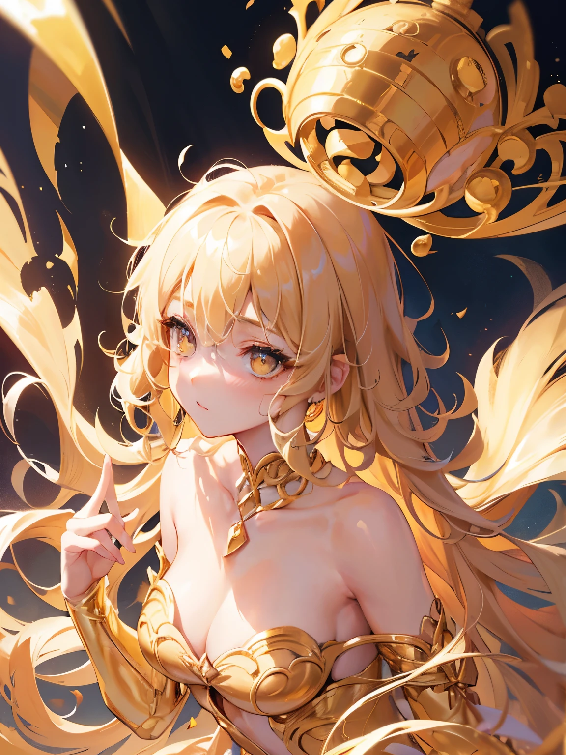 Princess of lightness,((short wavy Creamy Golden Blonde hair)),(Creamy Blonde hair),(short hair),(wavy hair),(golden eyes),busty,Glamour,Gorgeous,Jewelry,monochromes,Gothic goddess,light Fantasy,light Venus,erotic posing,Dynamic Posing,Dramatic,Cinematic,Detailed background,Gothic background,light fantastic view,Best Quality,masutepiece,8K,The ultimate detailed light background, Top image quality、RAW photography、超A high resolution、show legs,cropped shoulders,close-up all over the body,Be red in the face,overall look is very erotic。(Hand optimization),(Details are strengthened),(High Picture Quality) An 18-year-old female、Shot for one person only、model shoot、medium breasts、Wearing a black skirt、Beautiful Eyes of Details、Very slender eyes、Beautiful eyelashes、beautiful double eyelid、Very slim physique, Shy, with blush cheeks