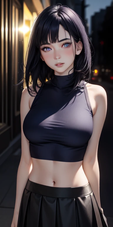 realistic, 1girl, dark blue hair, purple eyes, glowing eyes, crop top, skirt, parted lips, blush, night, flowers, sun, sunlight,