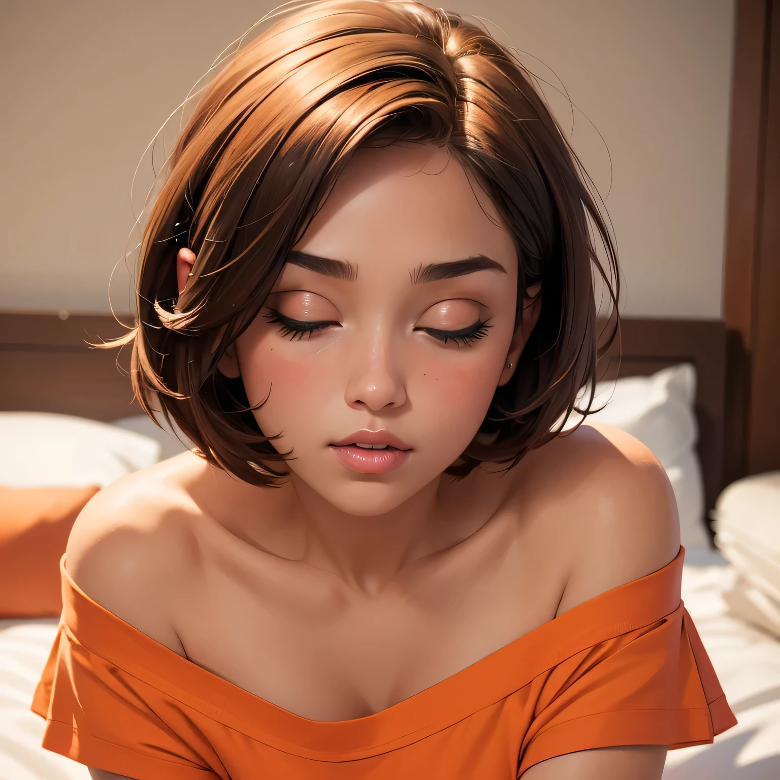 Amazing portrait of a sexy and cute girl with a short bob hairstyle and a seductive gaze who is blushing intensely with parted lips and is desperate and flustered and lustful wearing an off shoulder orange t shirt showcasing her bare shoulder while lying on bed