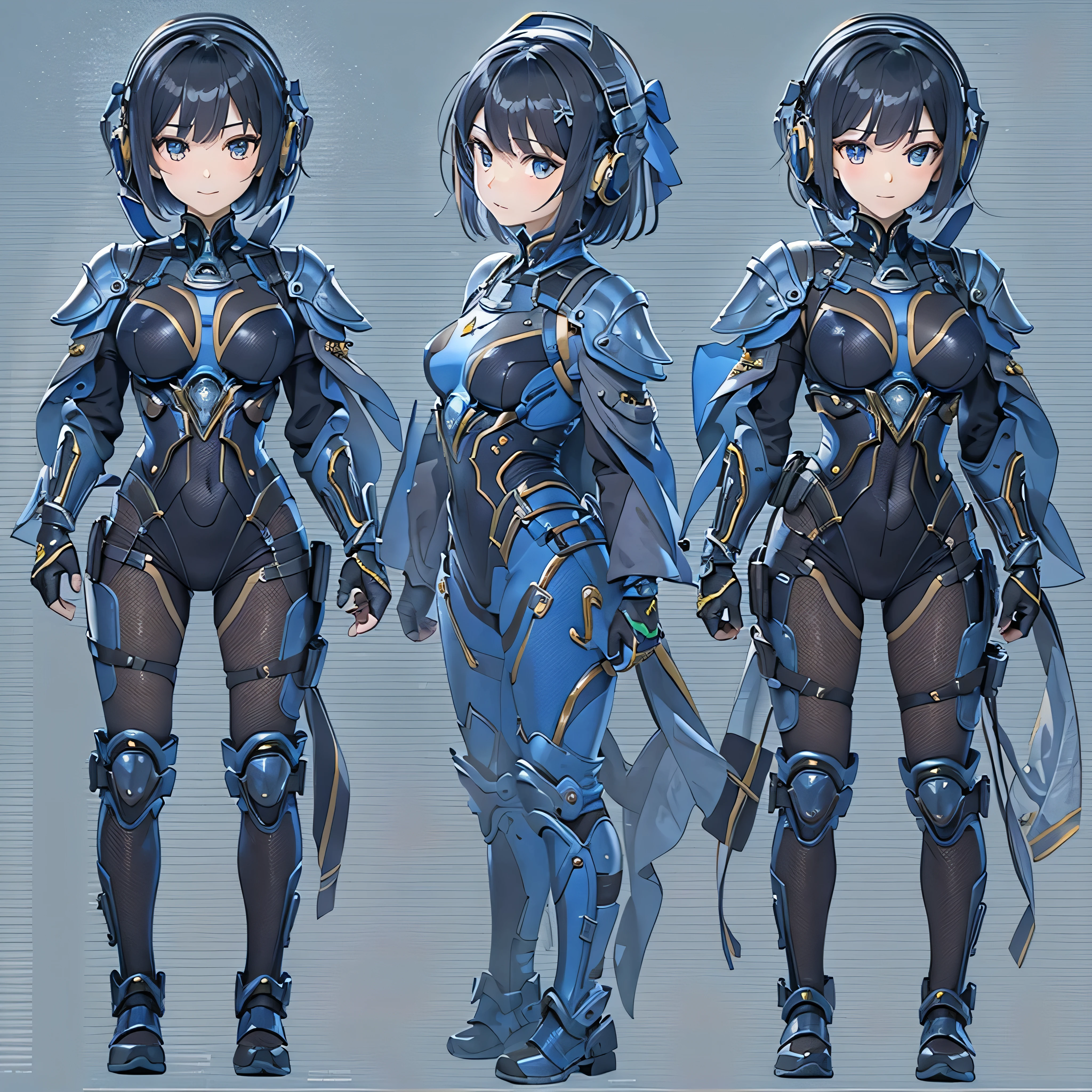 (masterpiece、highest quality、Highest Resolution、Clear_image、Detailed details、Angle from above): (Whole body、One 20 year old girl、Japanese Faces、Small Face、Slender、Navy blue super short bob cut hair、(Hidden small :1.3)、Sparg blue eyes、Shiny pilot suit in blue and black colors、Chest protection armor、Tight fitting clothes、Clothing that covers the whole body、Glamorous clothes、Tight Fit Pants、Hide your skin、Very delicate and beautiful、Detailed Skin、hide thighs、Hide your ass、Cute、A tle smile、Soft expression、heroine、headse-high boots、Elbow-length gloves、Eye Level Shot、Face directly、Woman on a spaceship)