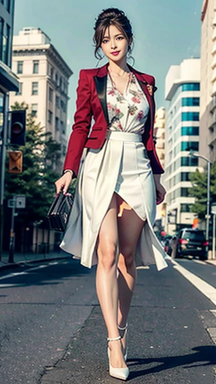 (highest quality、Ultra-high resolution、masterpiece、8K)、Delicate face、Detailed eyes and face、double eyelid、Red lipature adult woman、bewitching and sexy woman、Obscene、Erotic、Dark brown updo、(blazer、White Floral Skirt)、silk pantyhose、High heels、Sharp long legs、Cleavage、Cityscape, She is standing on a street lined with skyscrapers. (Dynamic pose、Full Body Portrait)、smile