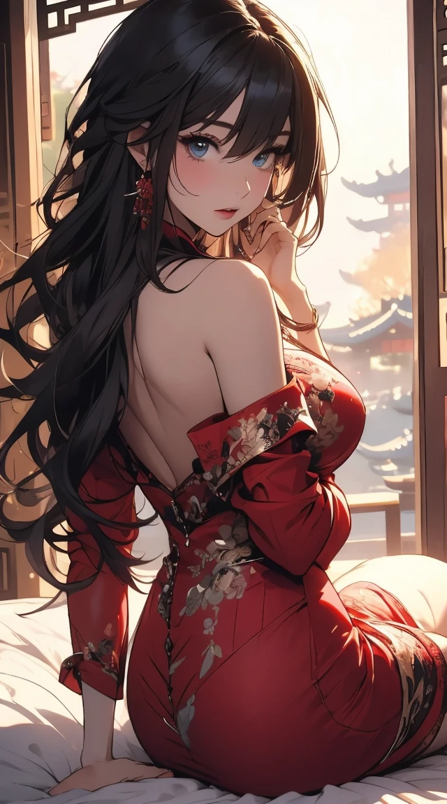 masterpiece,8k,high quality,full body:1.7,clean blue eyes,open red mouth,red tiek,Very calm and gentle expression,open mouth,biggest large brest,tight west,very sparking pink clothes,a woman in a pink sparking chinese dress sitting on a bed,Sheer off-the-shoulder peach lace chinese princess tulle dress,an anime drawing, by Yang J, fantasy art,red bra, render of a cute 3d anime chinese girl, artgerm and william bouguereau,long wavy shyny black pink hair,nightcore, beautiful detailed body and face, beautiful avatar pictures, high quality detailed anime,chinese cute girl,wide angle landscape view:1.4,