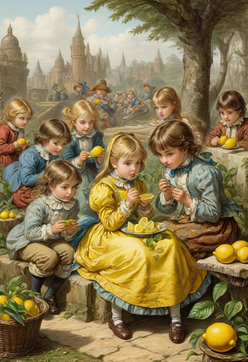 people Eating Lemon, Challenge, by John Tenniel, best quality, masterpiece, very aesthetic, perfect composition, intricate details, ultra-detailed