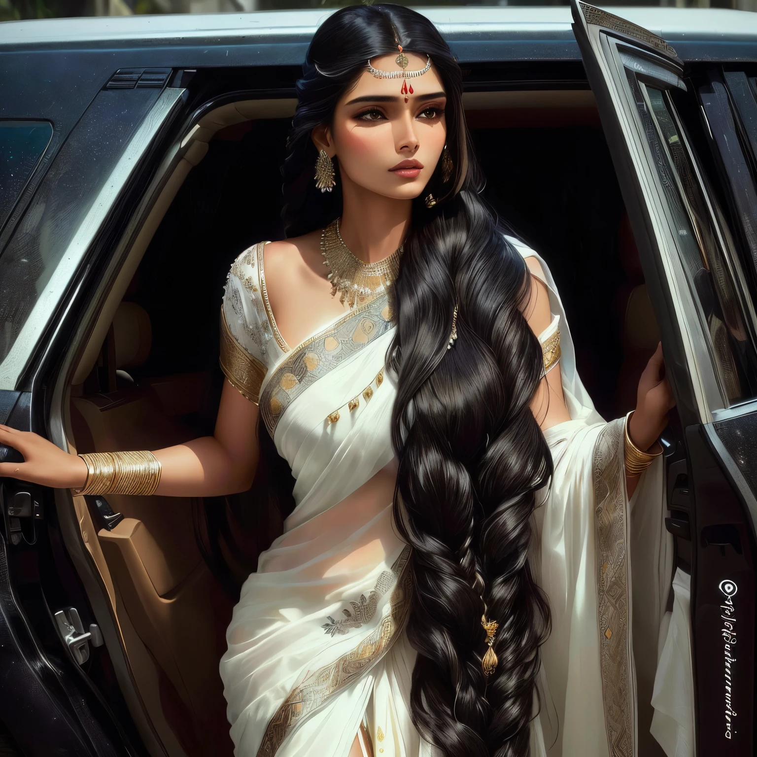 araffeed woman in a white sari getting out of a car, indian super model, very long flowing hair, really long, extremely long hair, extra long hair, elaborate long hairstyle, indian empress, elaborate long black hairstyle, long black braided hair, indian, long hairs, indian style, long long flowing hair, girl with super long hair, long hair shawl